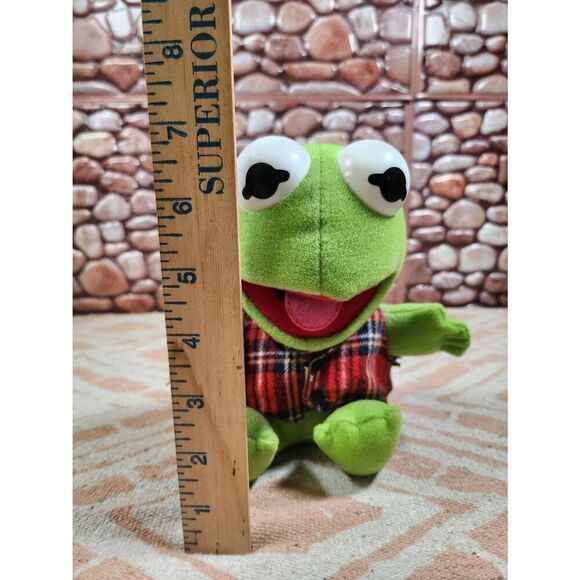 Vintage 1987 Baby Kermit The Frog Plush Stuffed Animal Red Flannel Plaid Vest #A - Picture 2 of 8